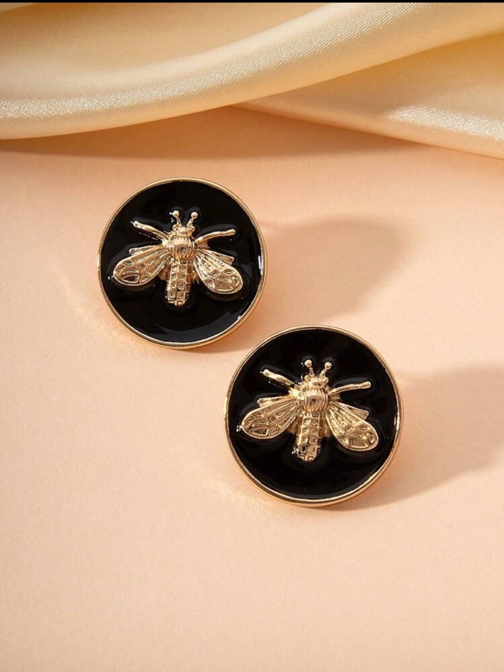 Gold Bee Black Enamel Stud Earrings - Picture 5 of 7